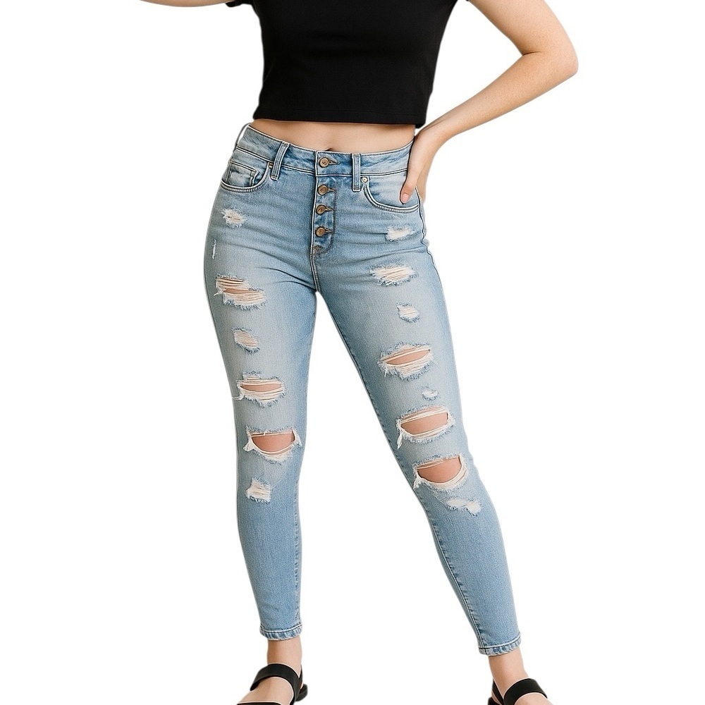 KanCan 25 Light Bleached Denim Skinny Jeans Distressed Button Fly Classic